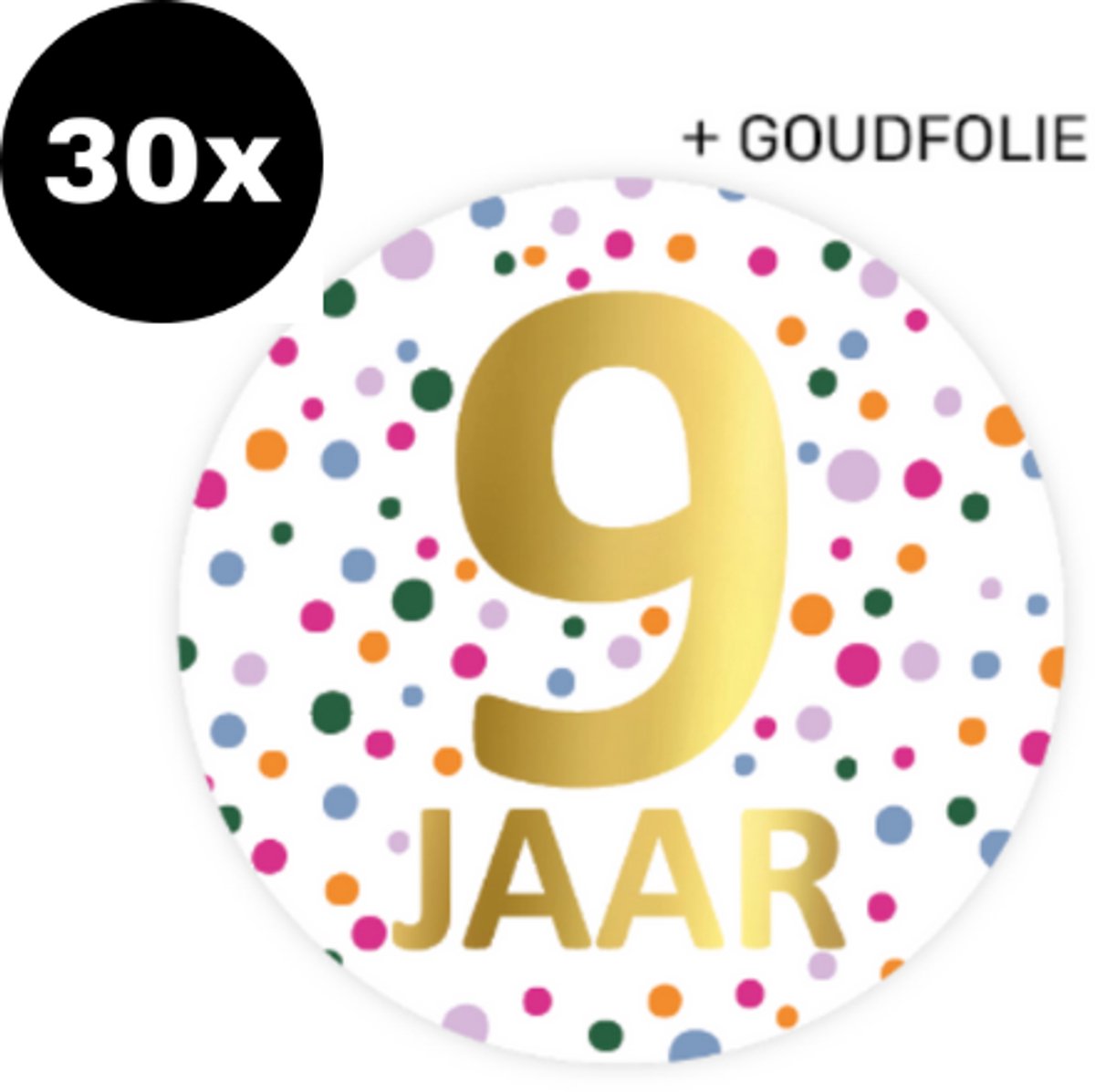 30x ZOETTT Sluitsticker Hoera 9 jaar! | Confetti | 50 mm | Traktatiesticker Hoera | Cadeausticker | Sluitzegel | Sluitsticker | Traktatie - Verjaardag - Feest | Kinder traktatie